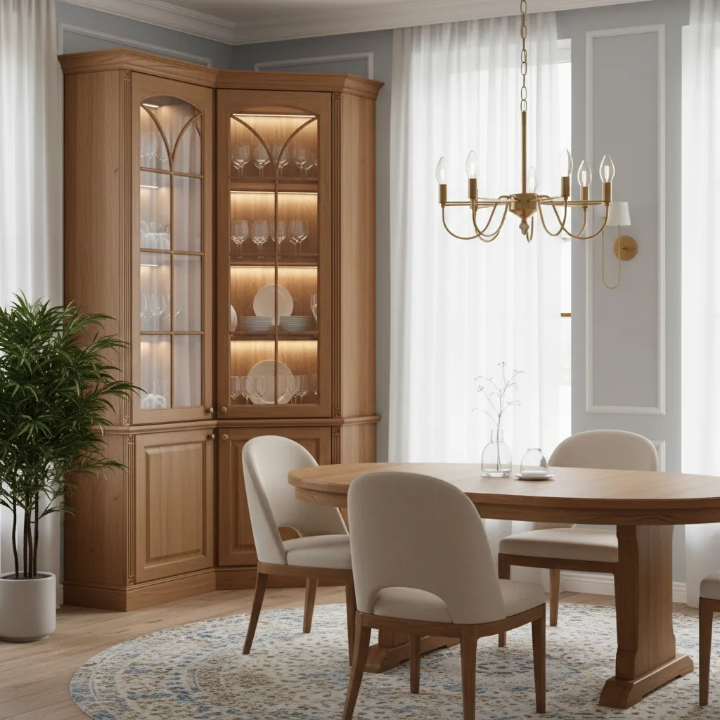 Glass front built in corner cabinet used for dining room dish display