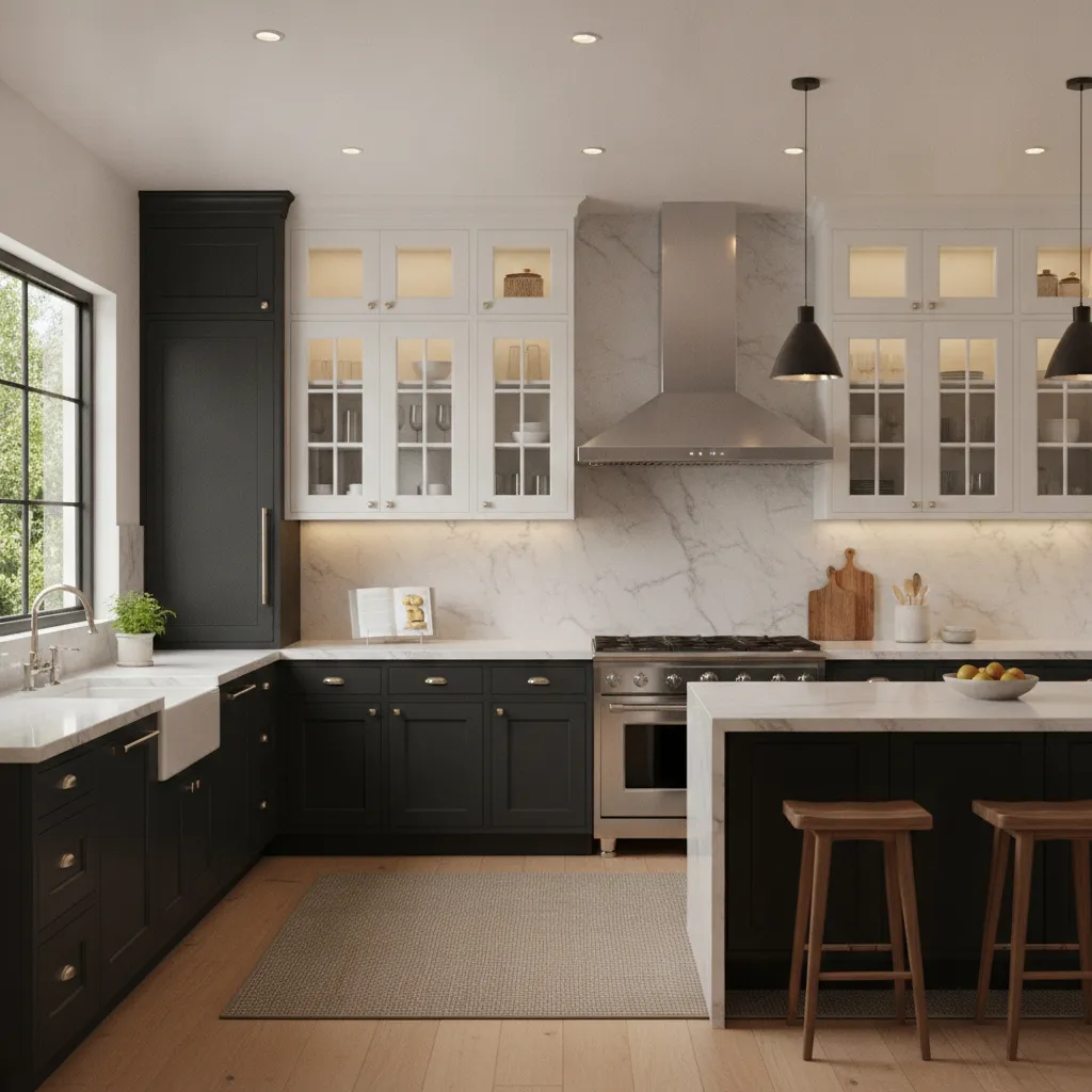 kitchen with glass front white cabinets and black base cabinets