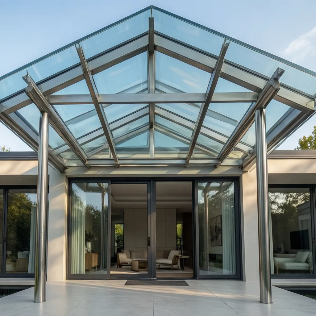 Modern house with large glass roof cover metal pillars and glass doors looking into living area