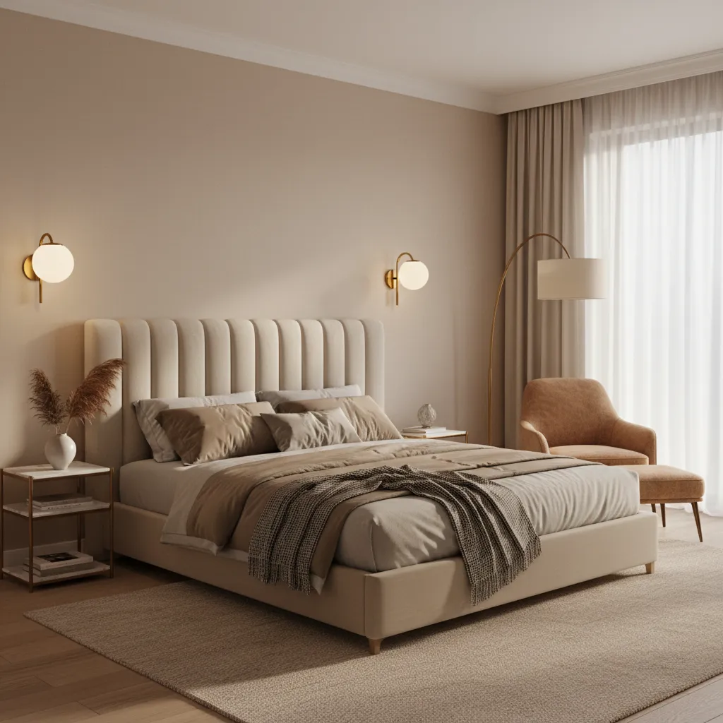Elegant bedroom with glass globe wall sconces mounted beside the headboard