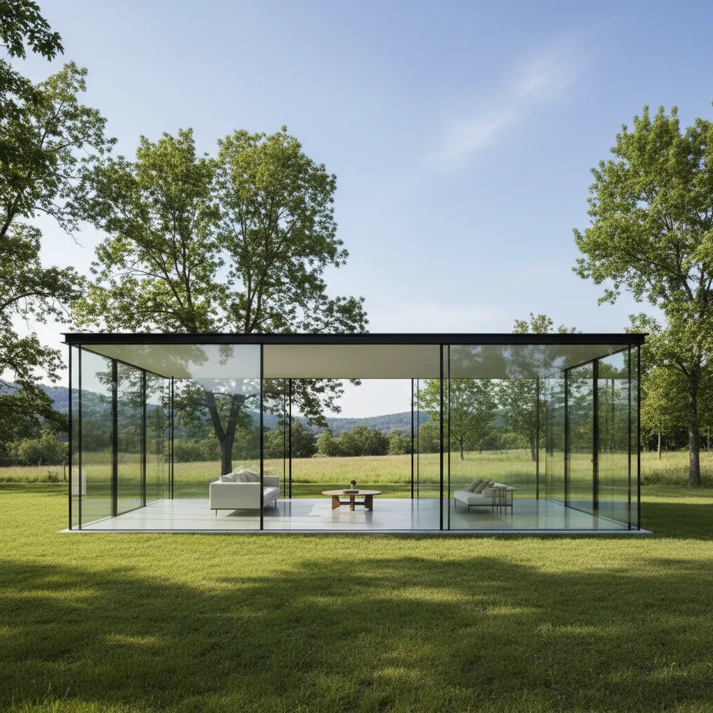 Vista exterior de una casa moderna de vidrio integrada en el paisaje