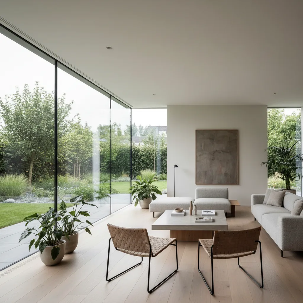 Salón moderno con ventanales de suelo a techo abiertos al jardín