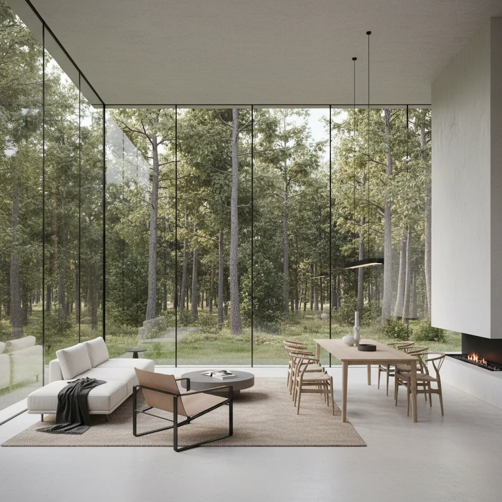 Interior minimalista de una casa de vidrio con vistas al jardín