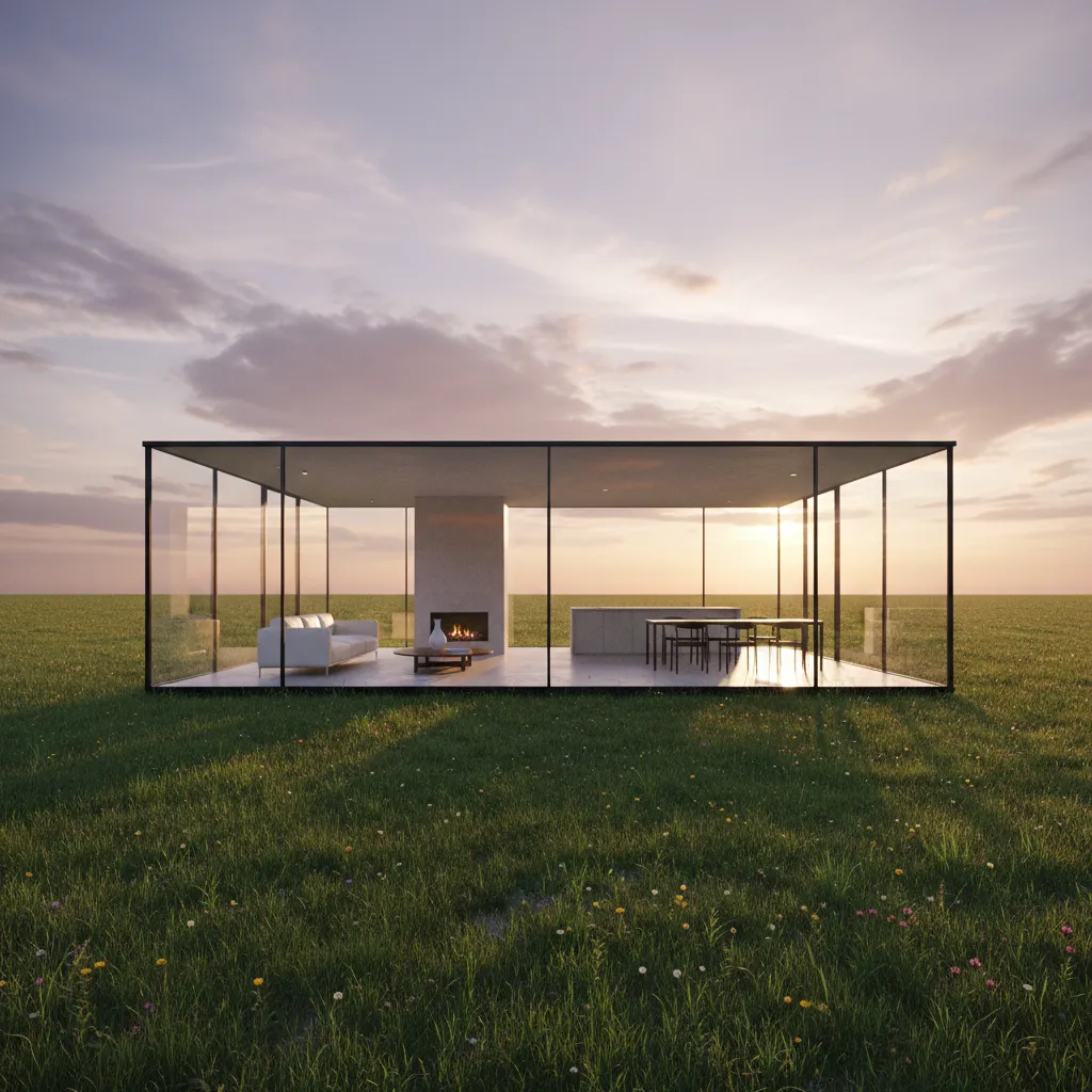 Casa moderna completamente de vidrio en un paisaje verde abierto