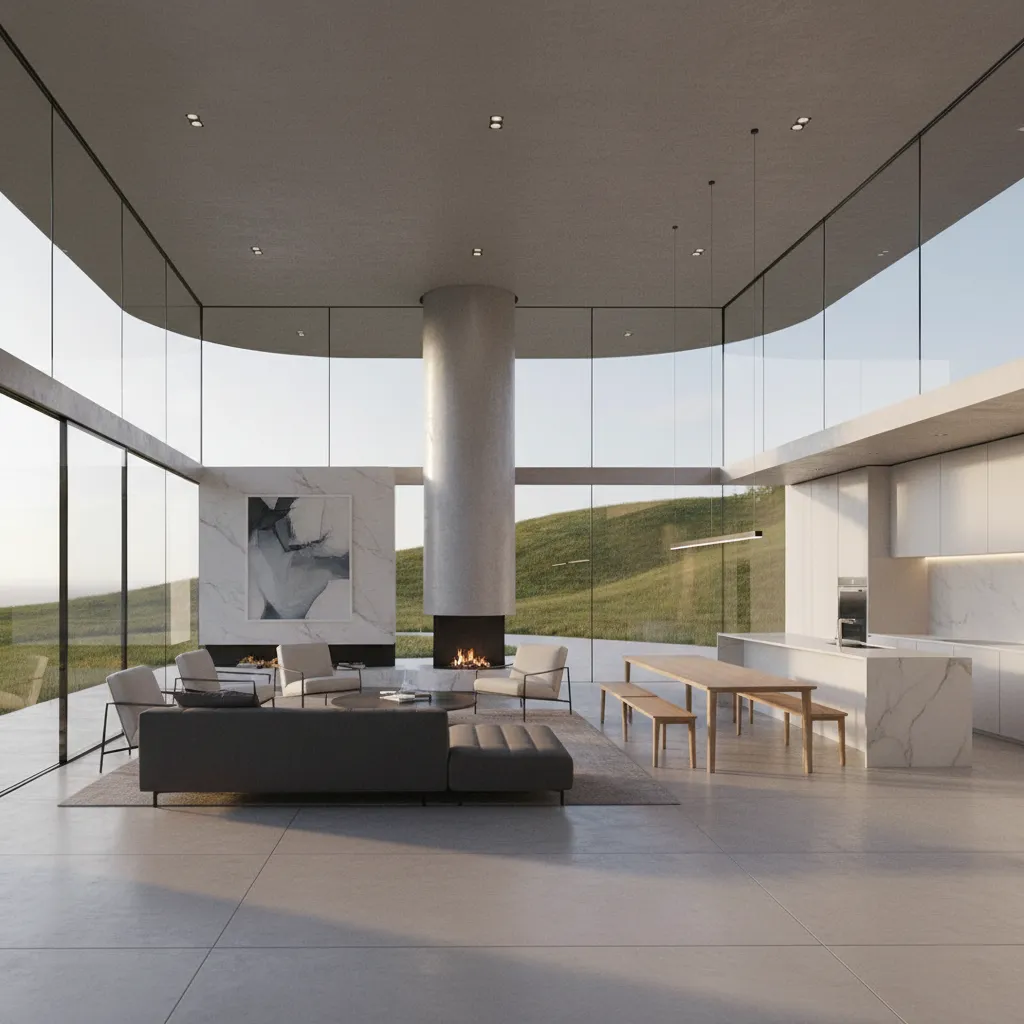 Distribución abierta de una casa moderna con núcleo central