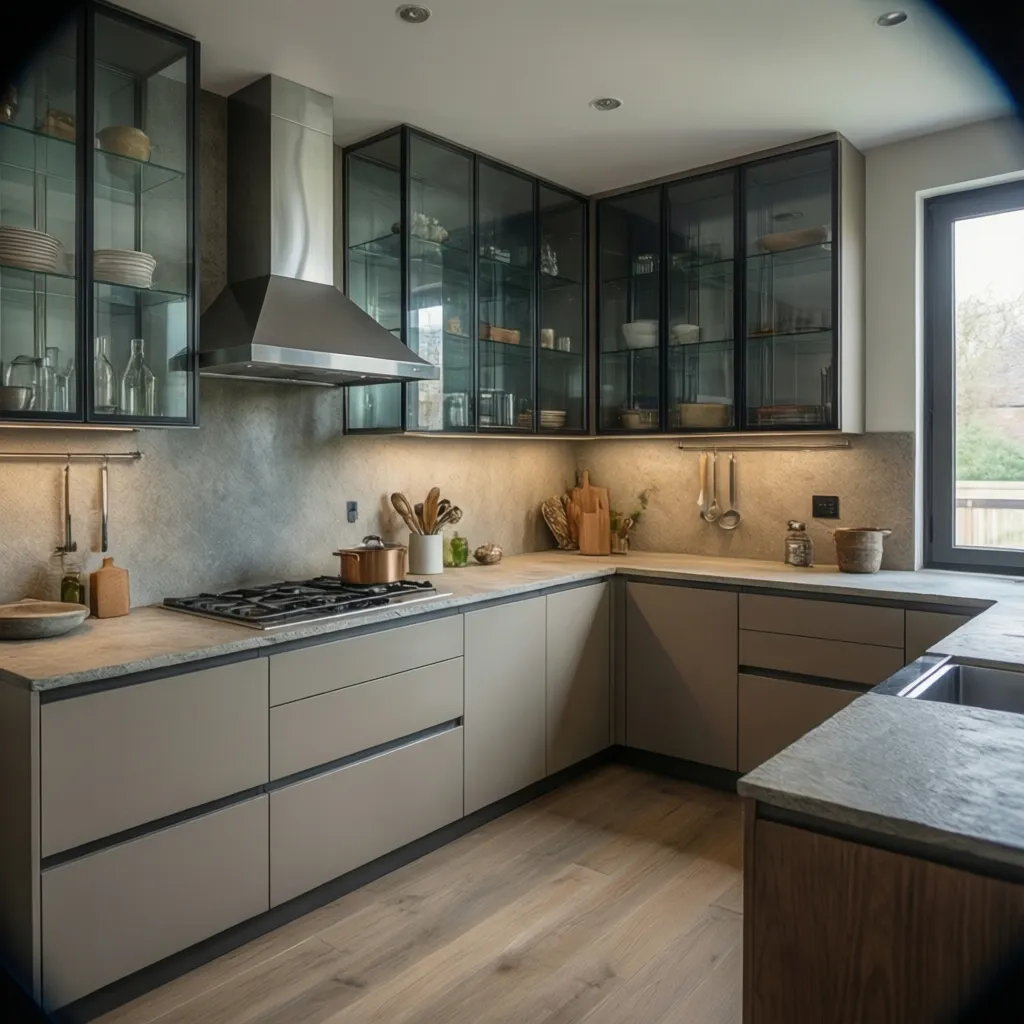 Kitchen layout showing glass cabinets near cooker hood