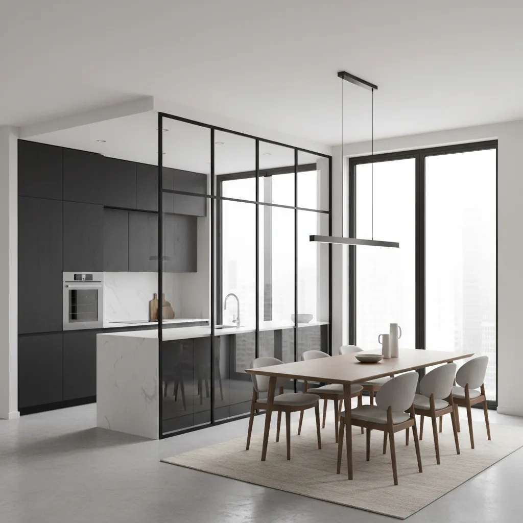 glass framed partition allowing light between kitchen and dining