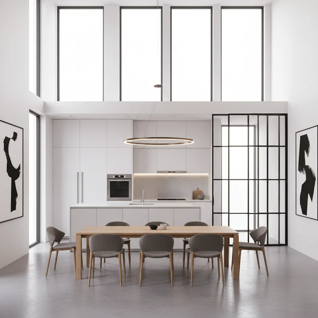 glass kitchen partition allowing natural light into dining area