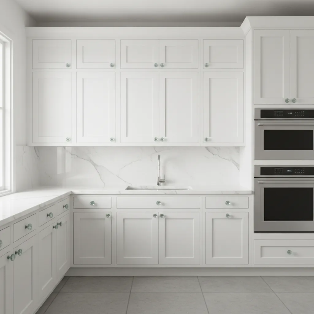 clear glass cabinet knobs installed on white shaker kitchen cabinets