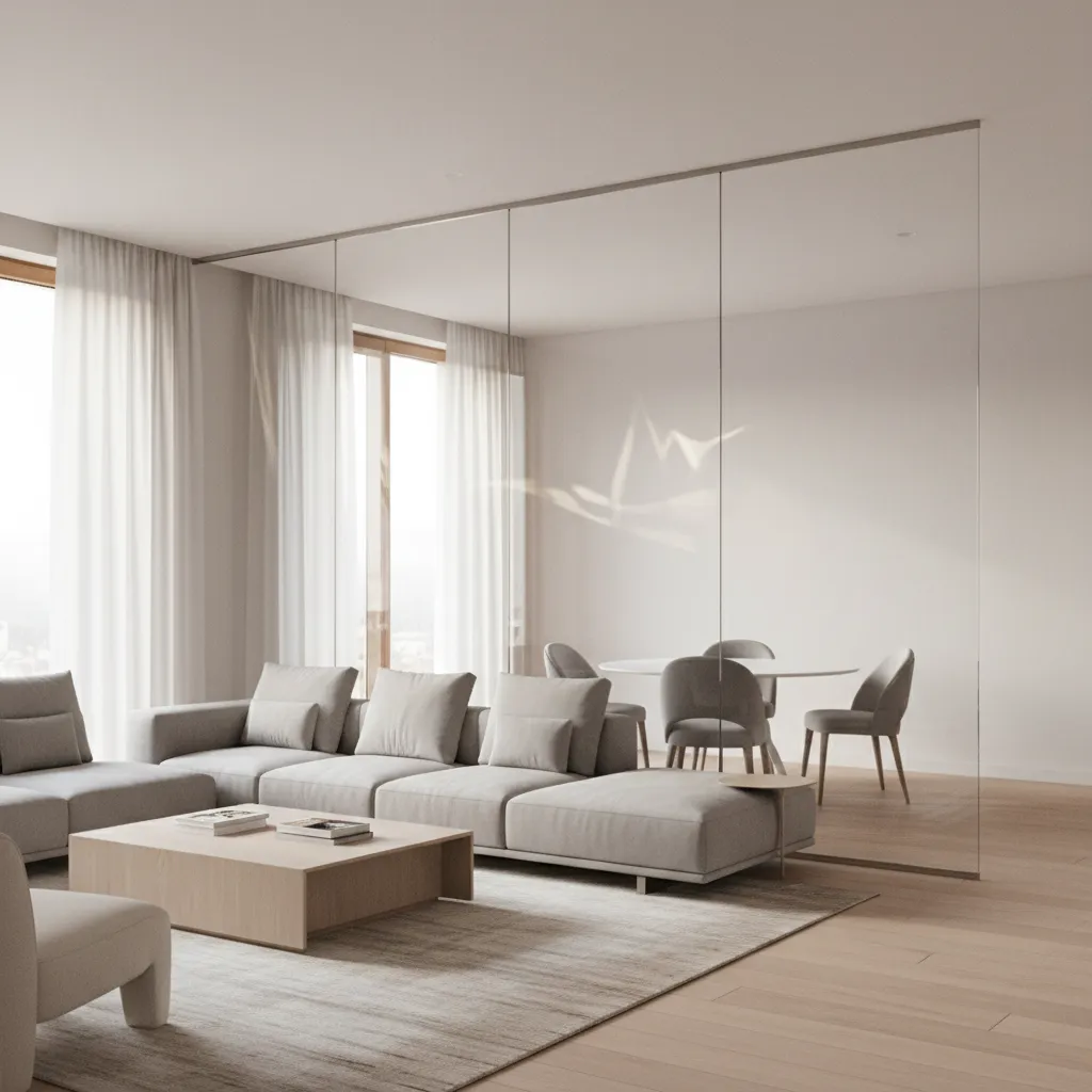 Frameless glass partition separating living room areas in modern apartment