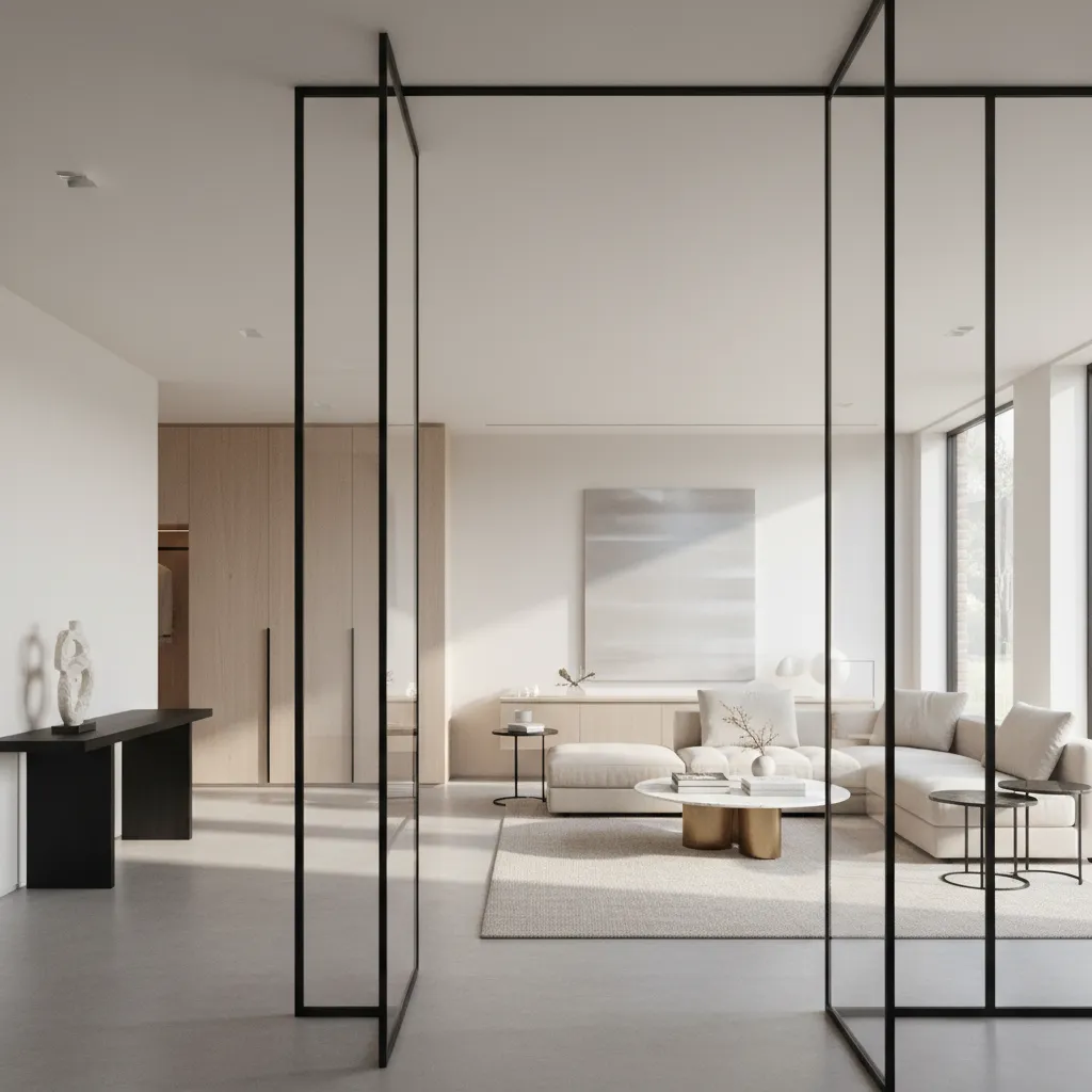 glass partition between entrance lobby and living room allowing natural light