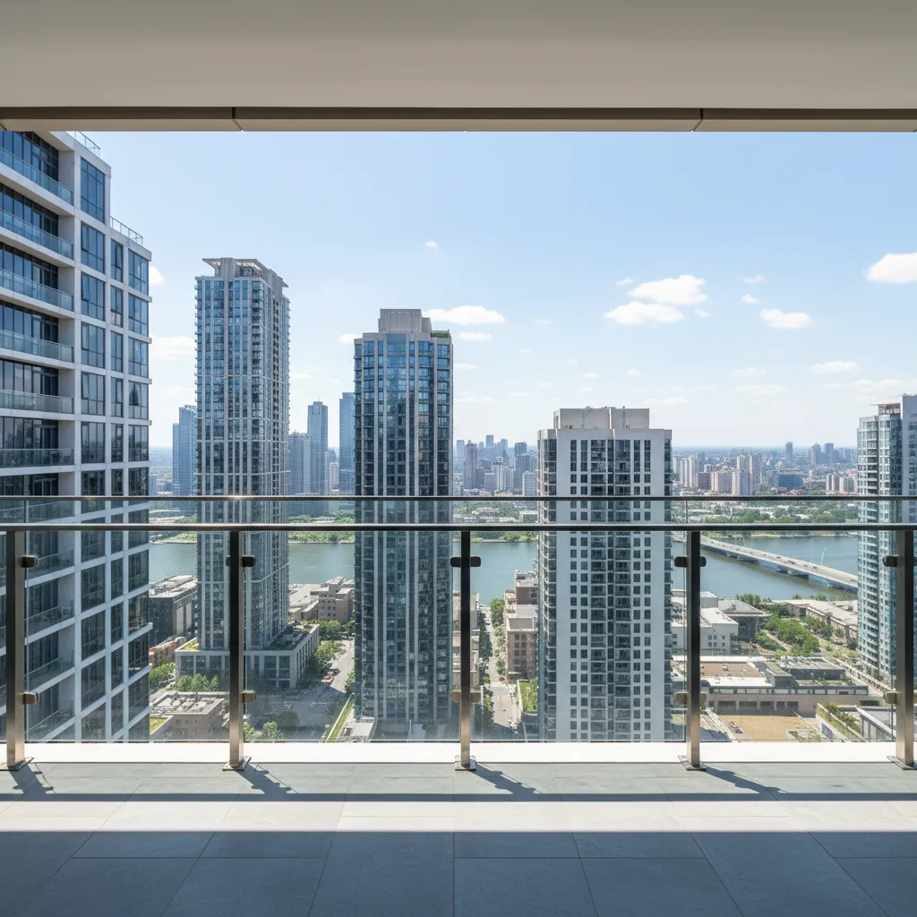 Glass and metal balcony railing with open view