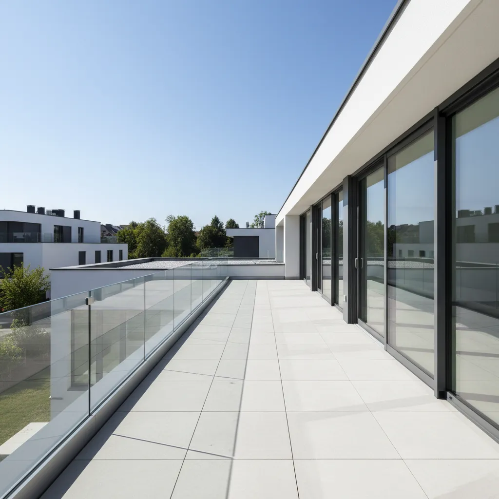 modern glass and metal parapet wall on single floor terrace