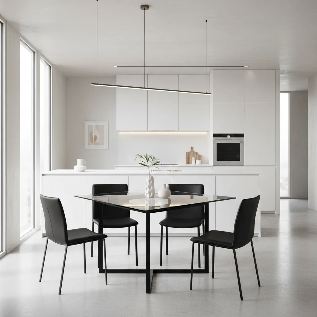 Tempered glass triangular table with metal frame in modern kitchen