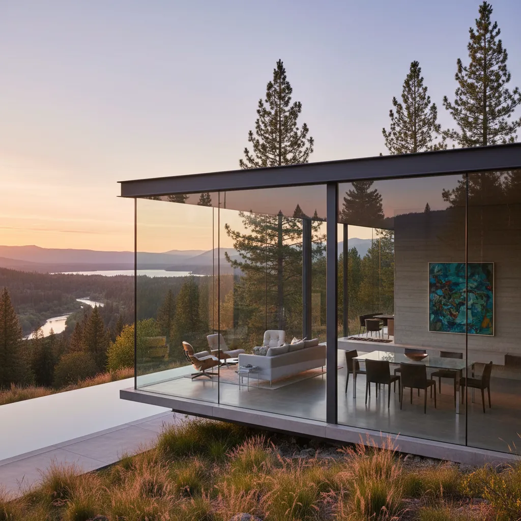Casa minimalista de vidrio en un paisaje natural abierto