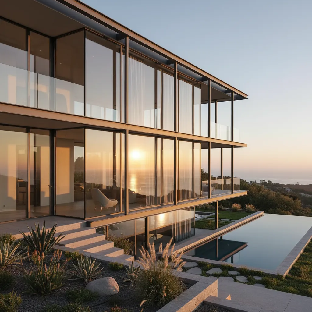 Casa moderna con fachada de vidrio y diseño minimalista