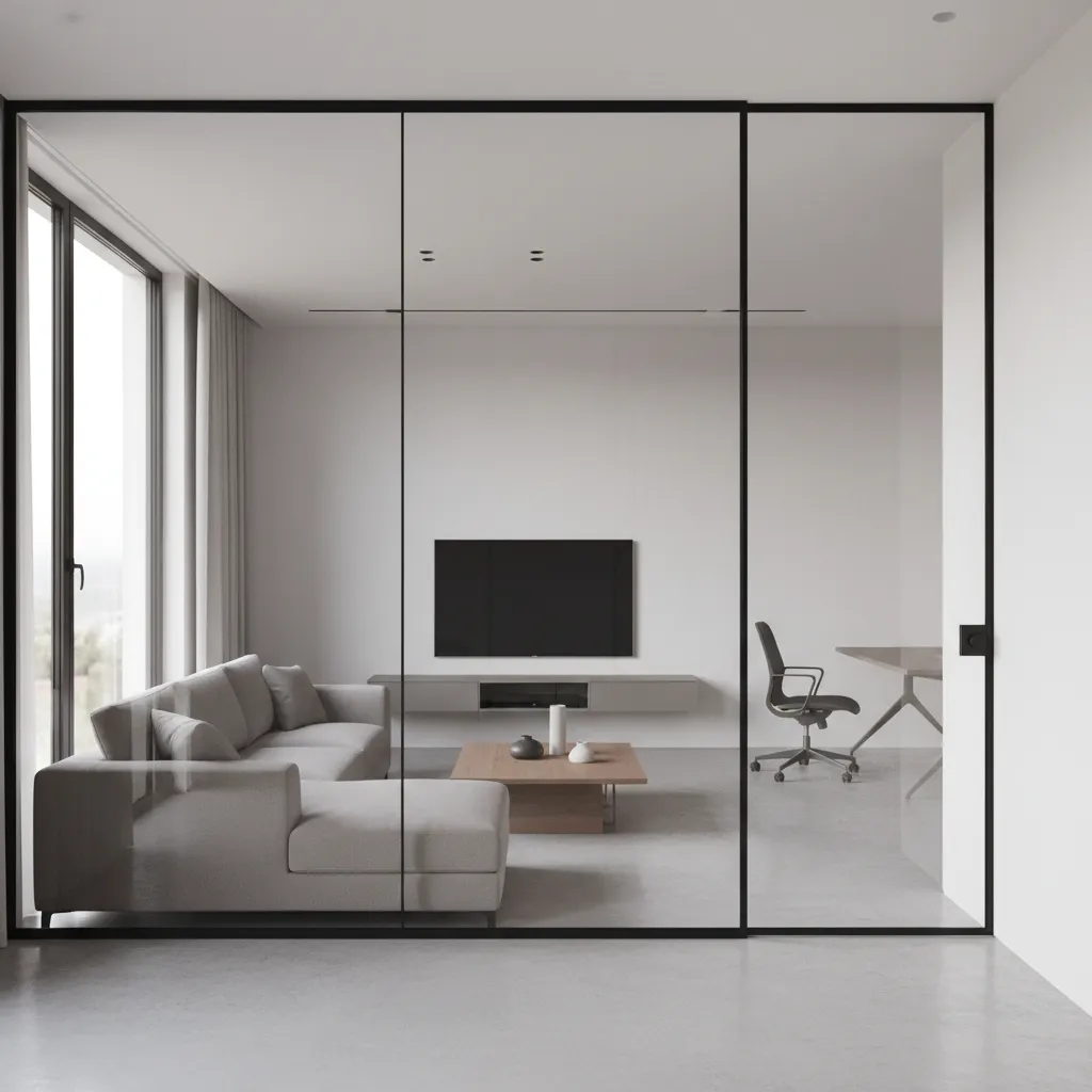 Puerta interior moderna con panel de vidrio y marco negro
