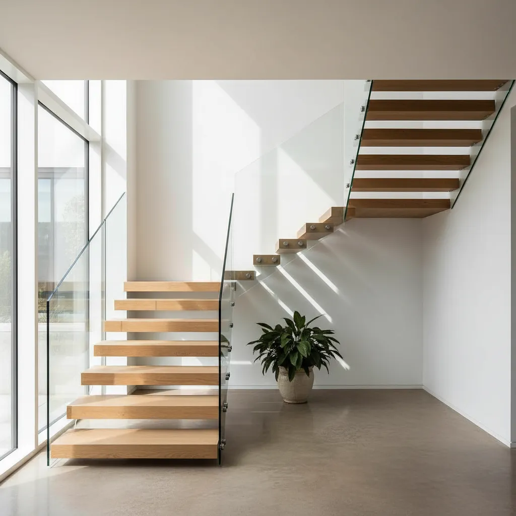 Modern wooden stairs with glass handrails in bright white room with a green potted plant