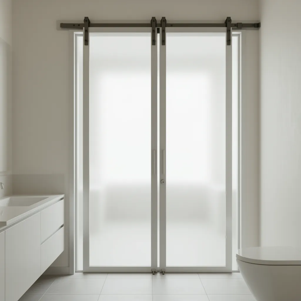 frosted glass panel bifold barn door in modern bathroom