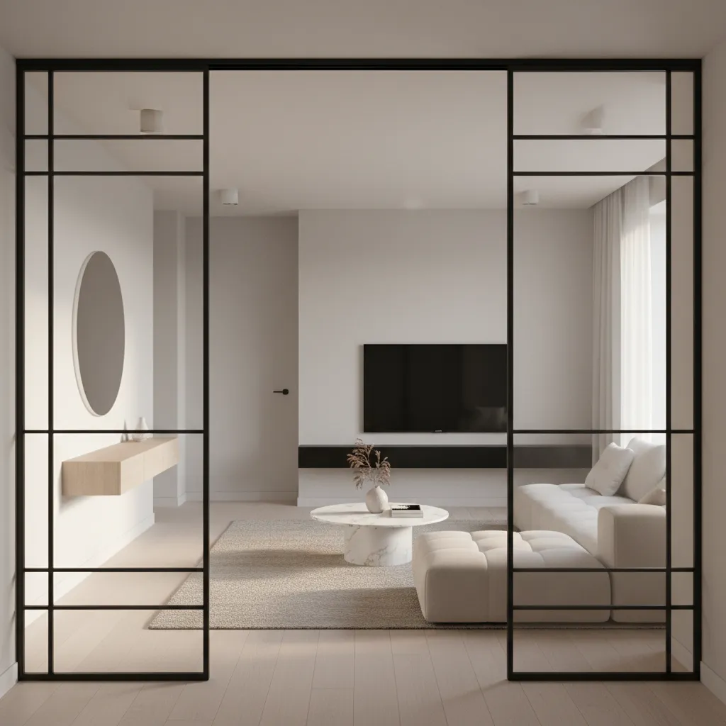 Interior glass panel door shutter allowing daylight between rooms