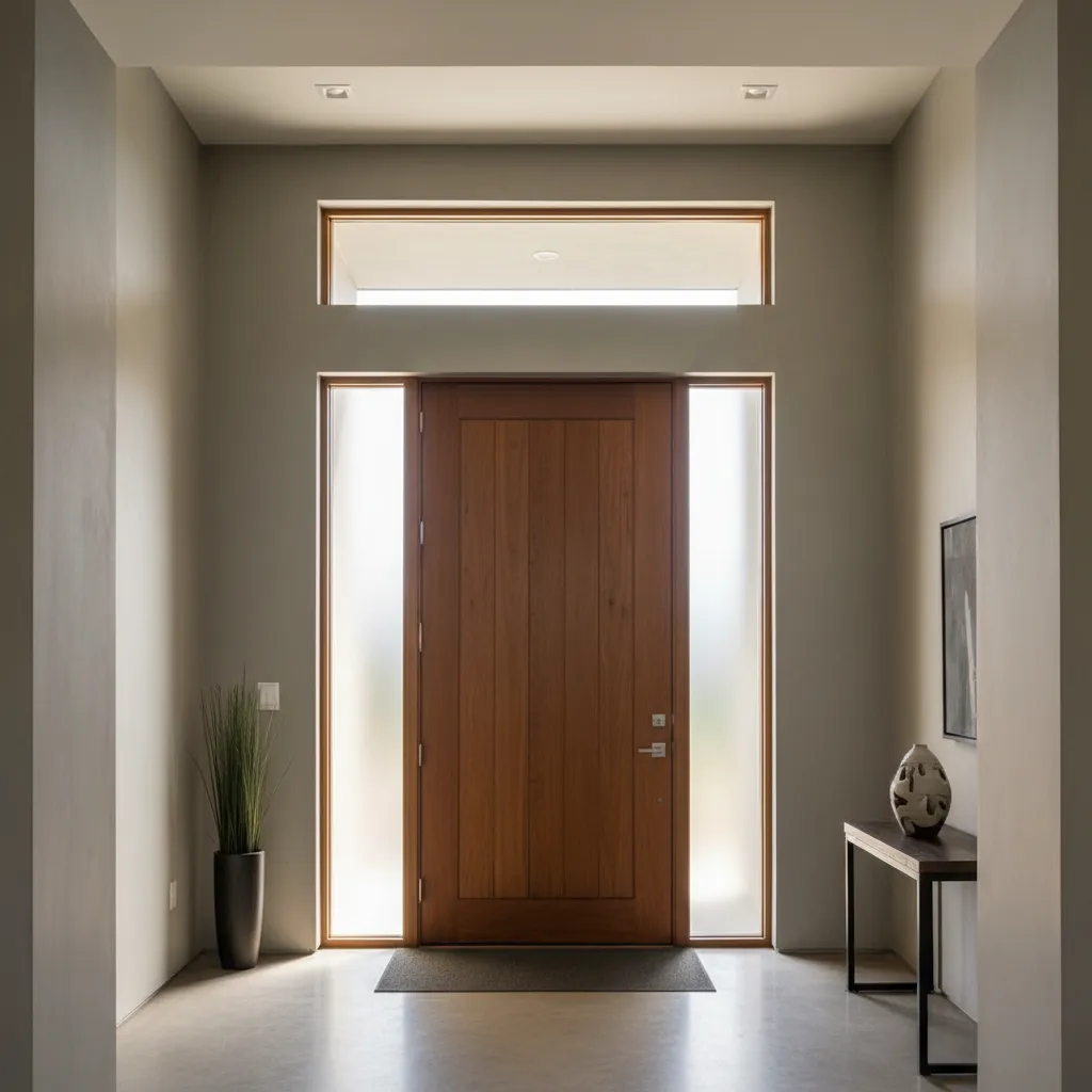 Modern interior entryway with a wood front door side windows a plant and console table