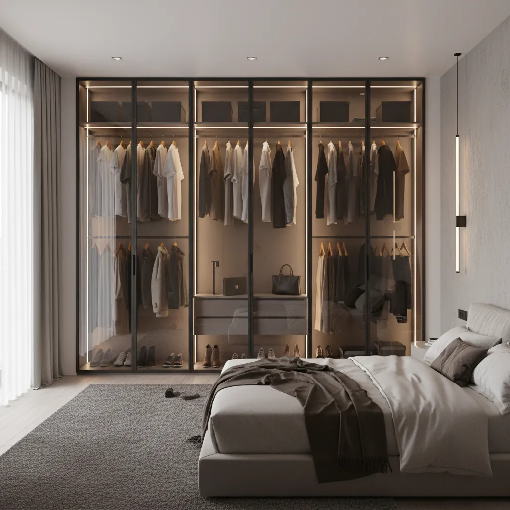 Tinted glass wardrobe doors with metal frames