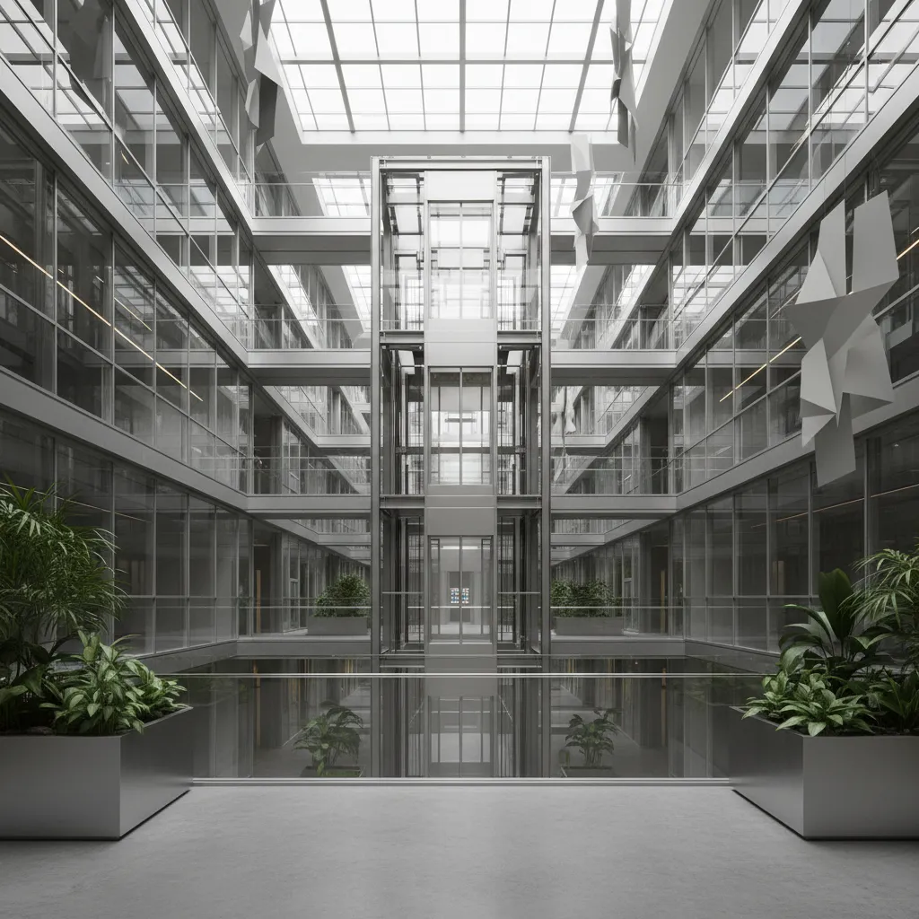 panoramic glass elevator cabin inside modern building atrium