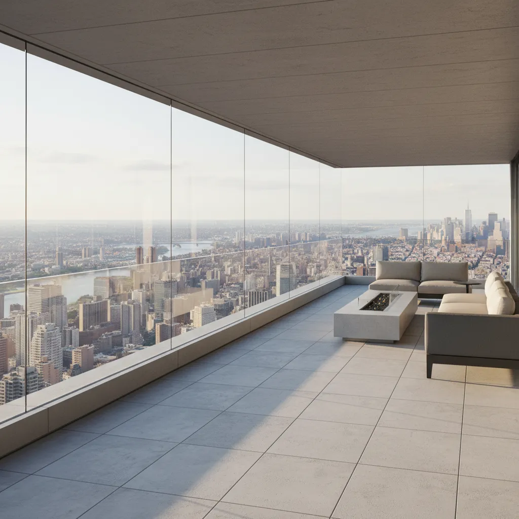modern rooftop terrace with transparent glass parapet wall