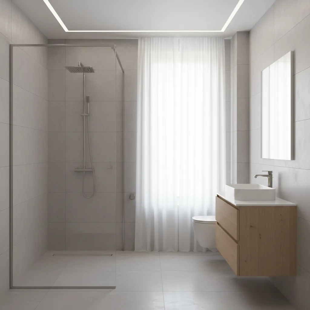 Modern bathroom with glass shower partition separating wet and dry zones