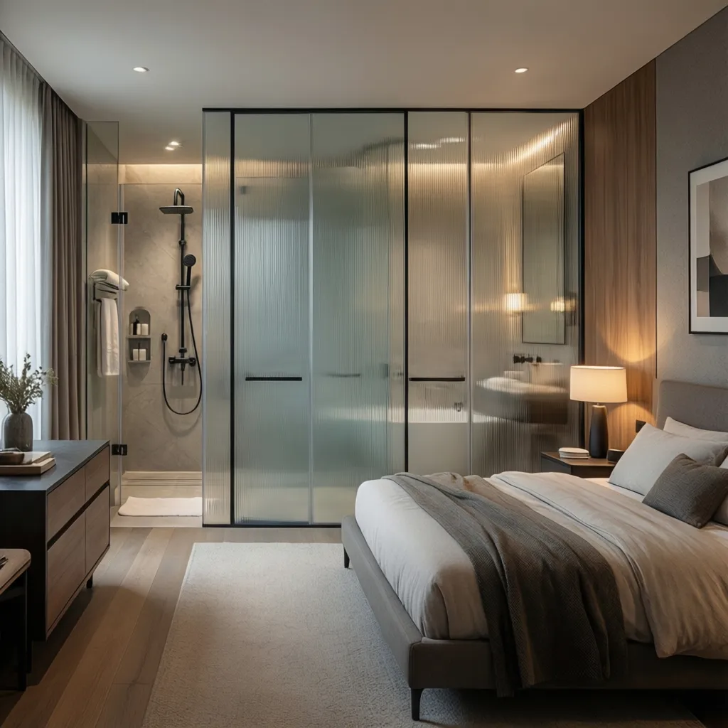 Modern bedroom with grey bed and ribbed glass partition separating the private bathroom and shower