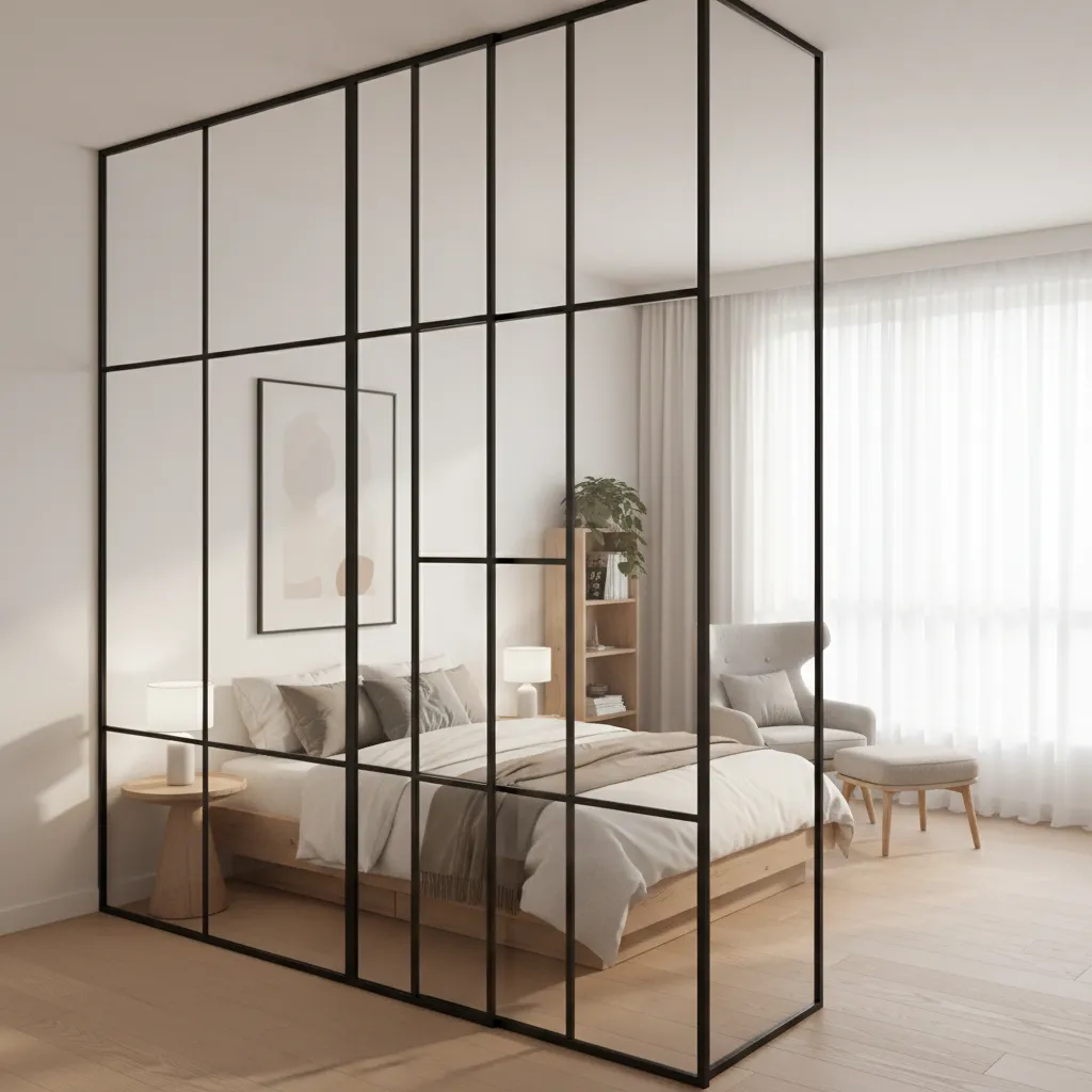 Phòng ngủ ngăn bằng vách kính trong nhà nhỏ