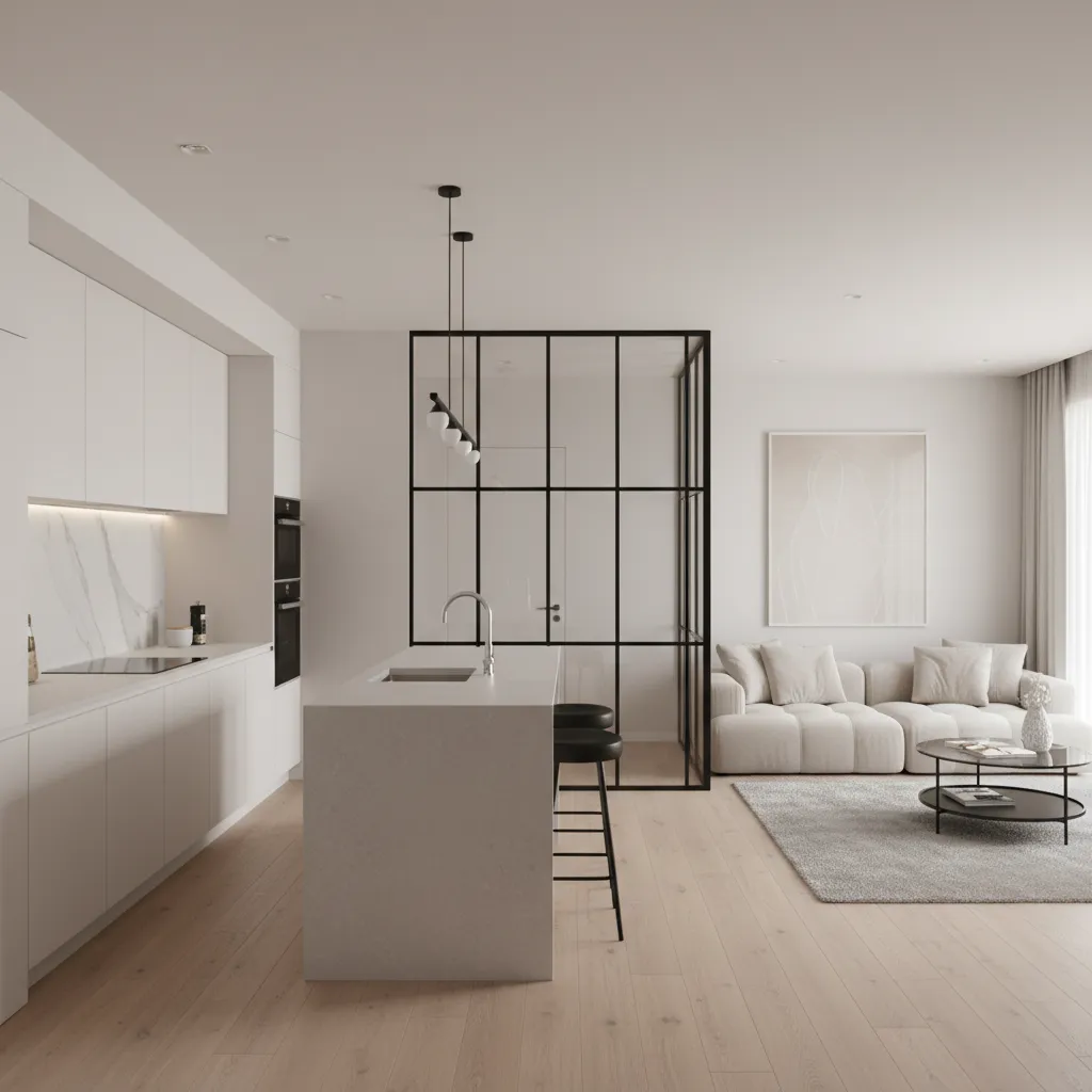 Modern glass partition separating kitchen and living room