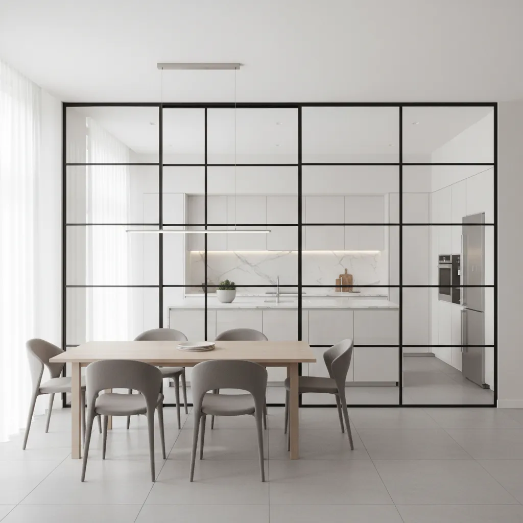 Modern dining space separated by framed glass partition wall