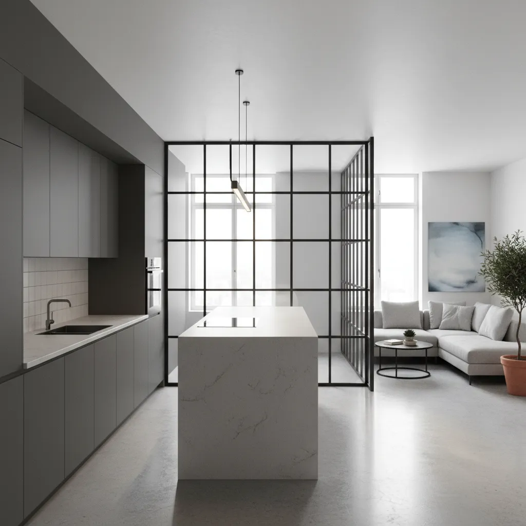 Modern small apartment kitchen separated with black framed glass partition