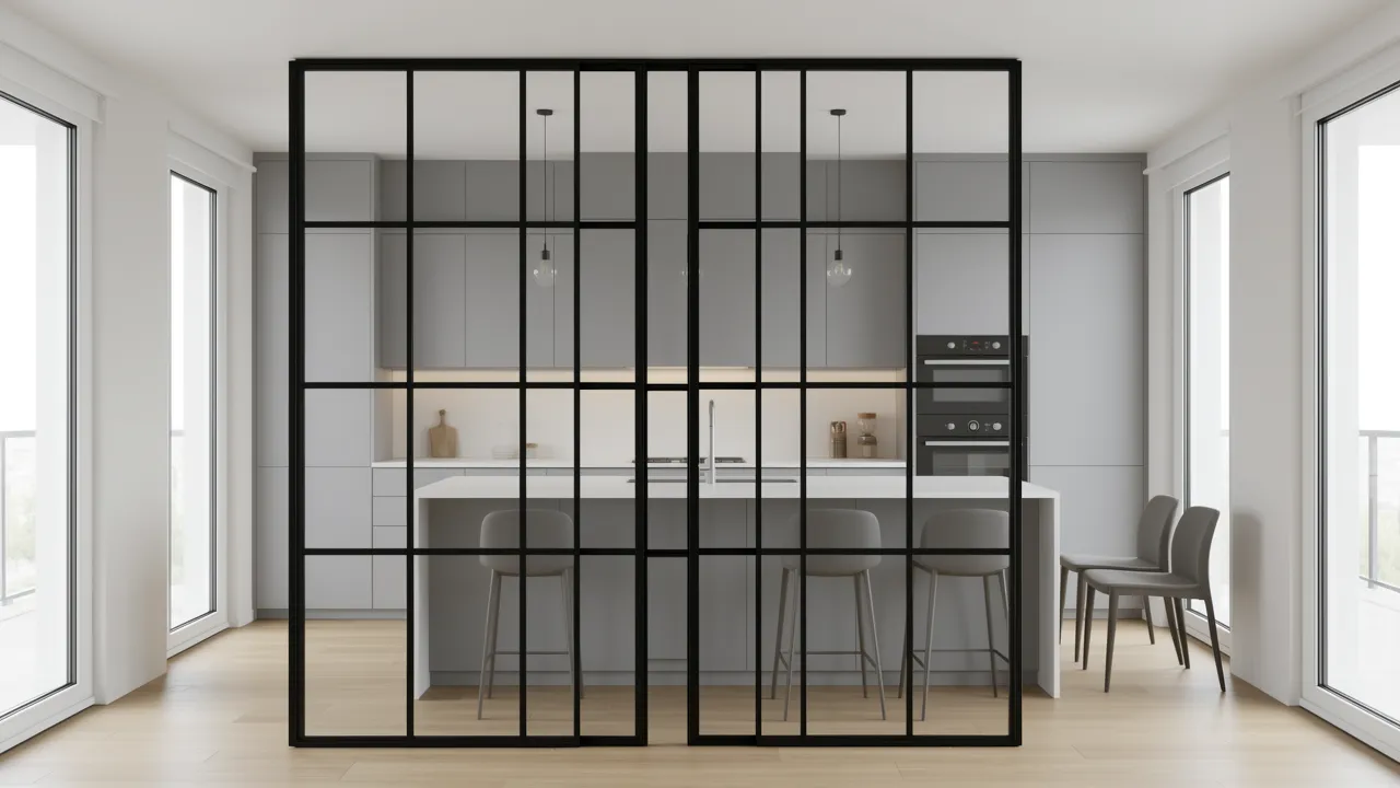 Black steel framed glass partition separating kitchen from living area