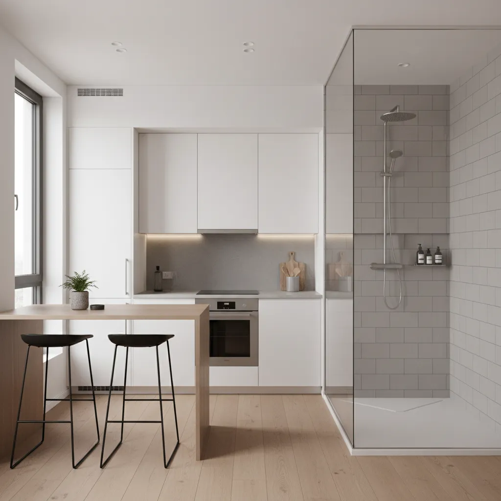 Glass partition separating kitchen area from shower zone