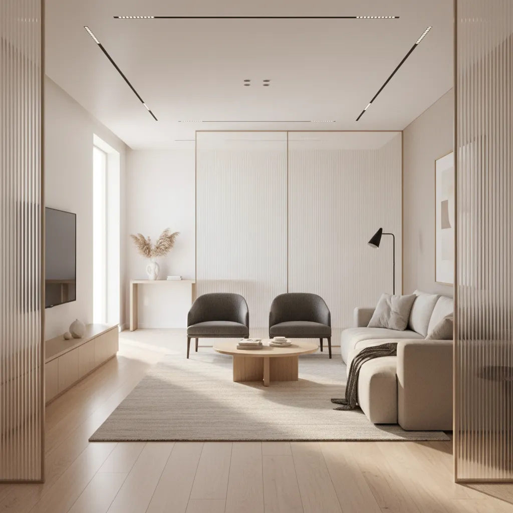 Glass partition allowing natural light between lobby and living room