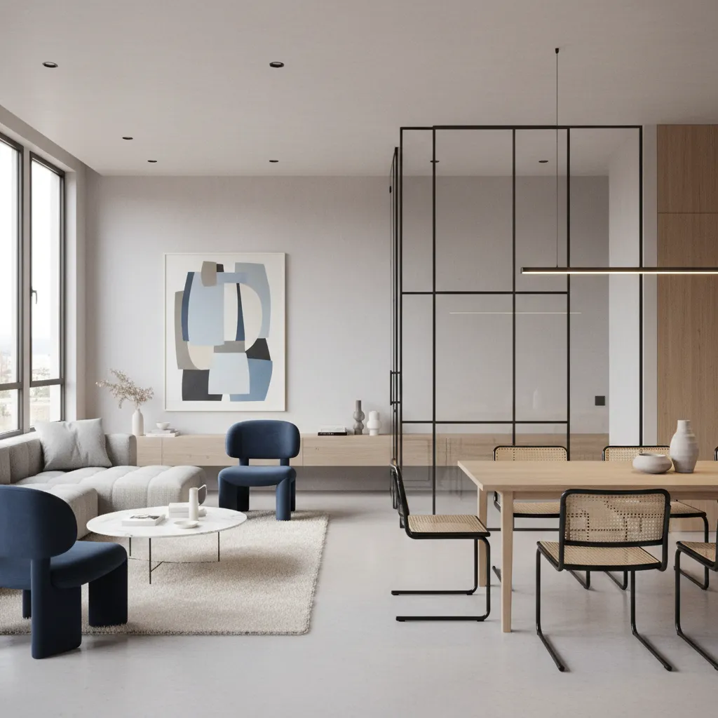 Mampara de vidrio separando salón y comedor en un apartamento moderno