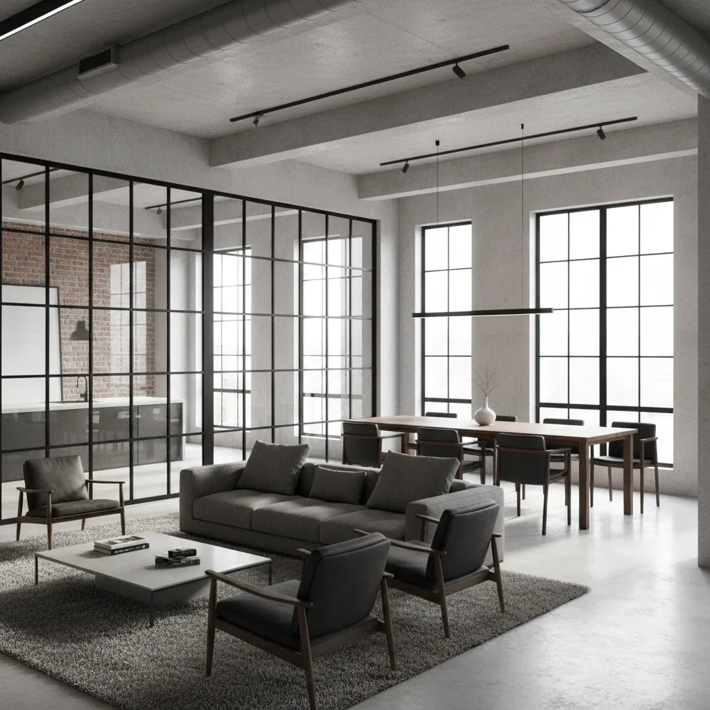 modern glass partition between living room and dining area