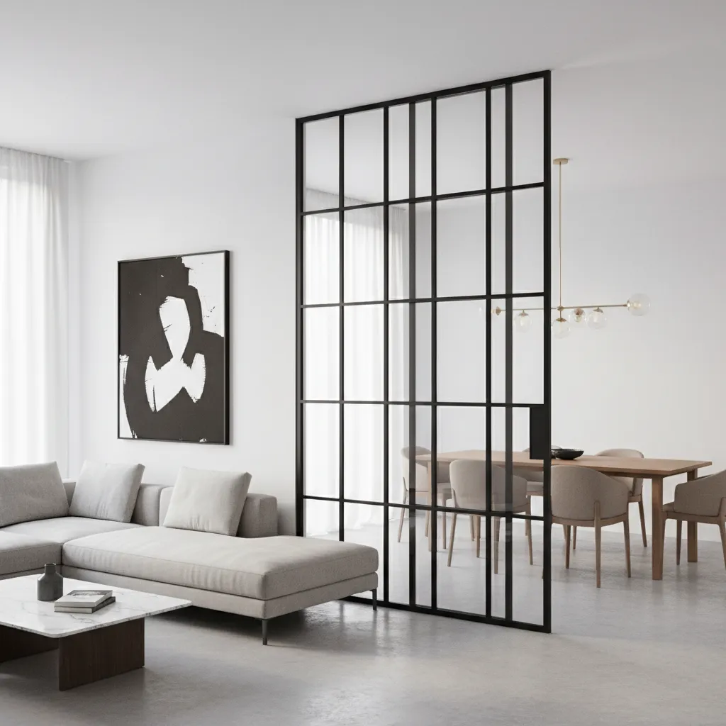 Modern glass frame partition between living room and dining space