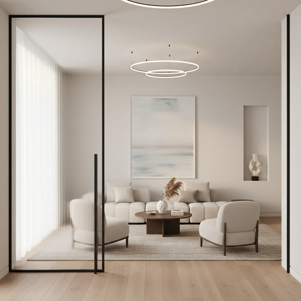 frosted glass partition separating entry and living room