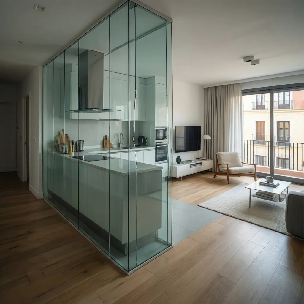Modern kitchen with glass walls next to living room featuring wooden floors and white furniture