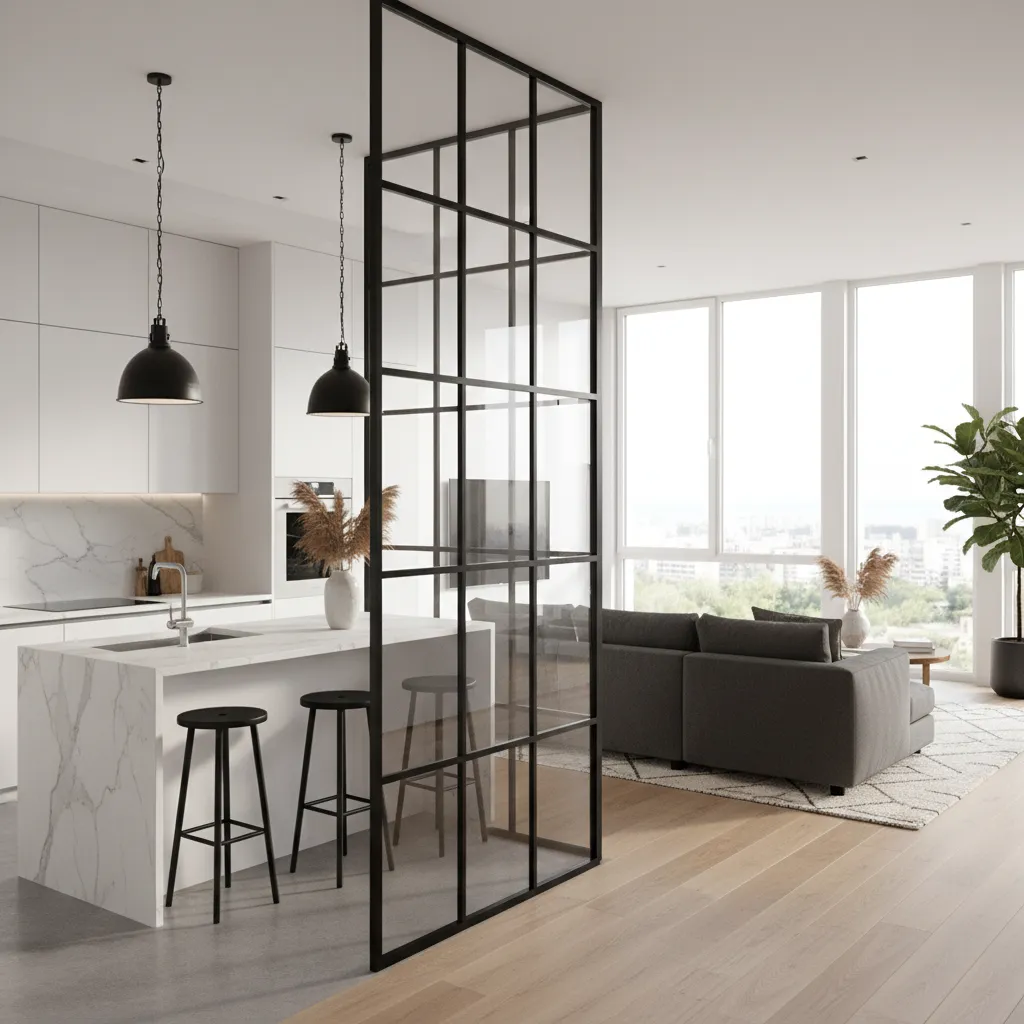 Glass partition separating open plan kitchen and living room