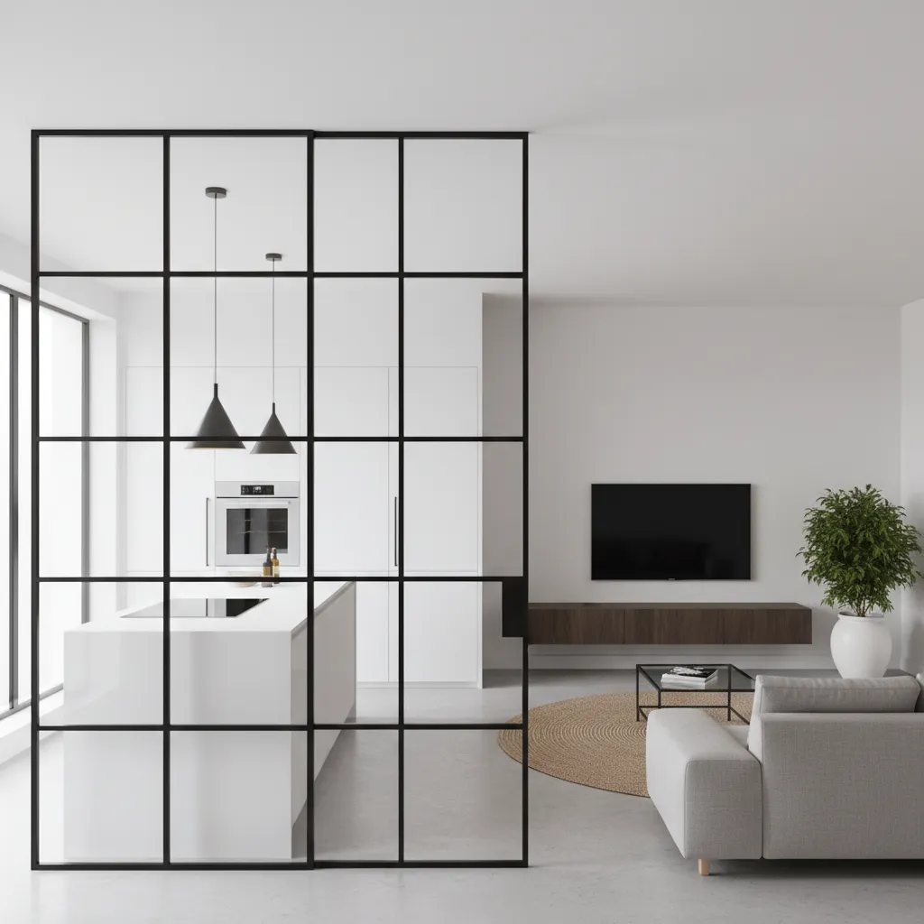 Glass partition partially separating kitchen and living room