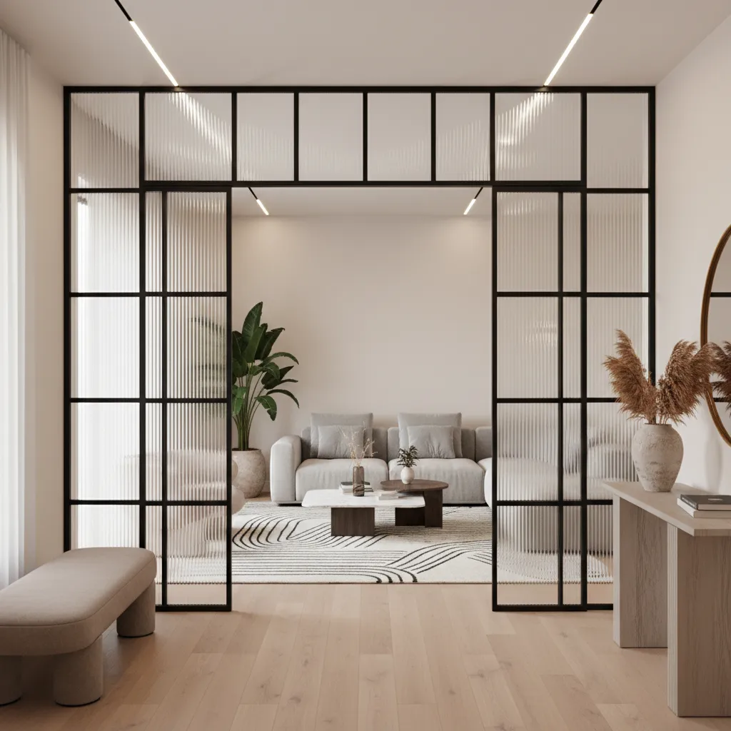 Modern glass partition separating apartment entrance from living room while allowing light