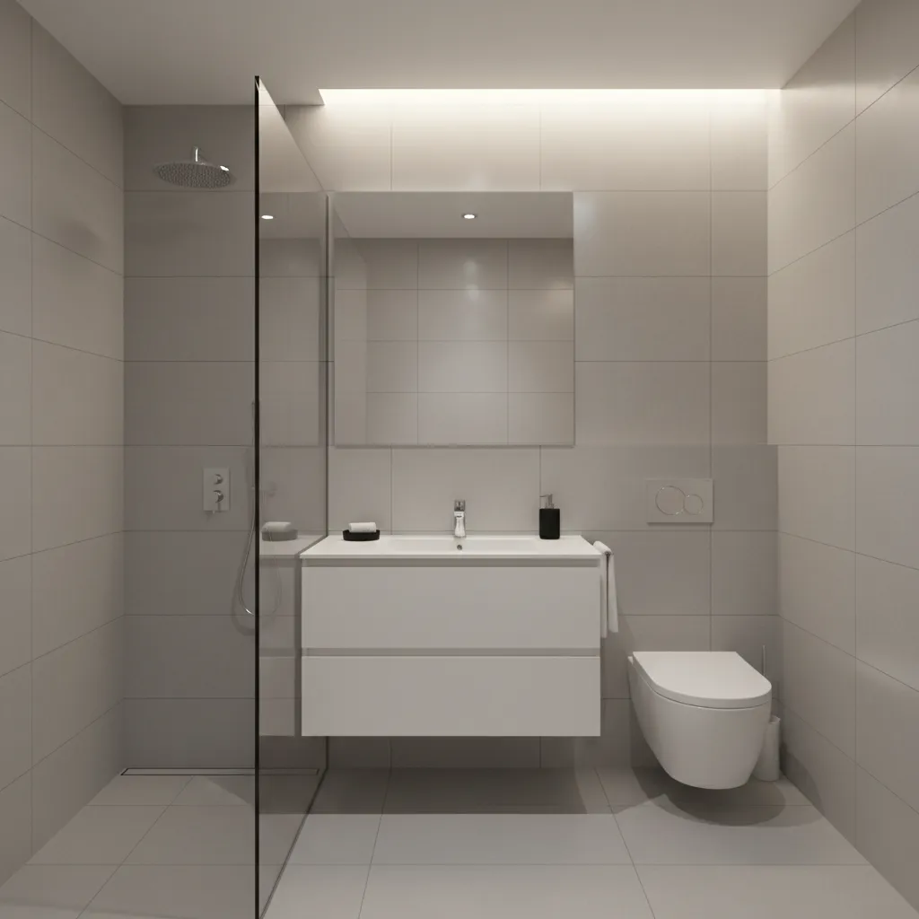 Frameless glass shower partition in compact modern bathroom