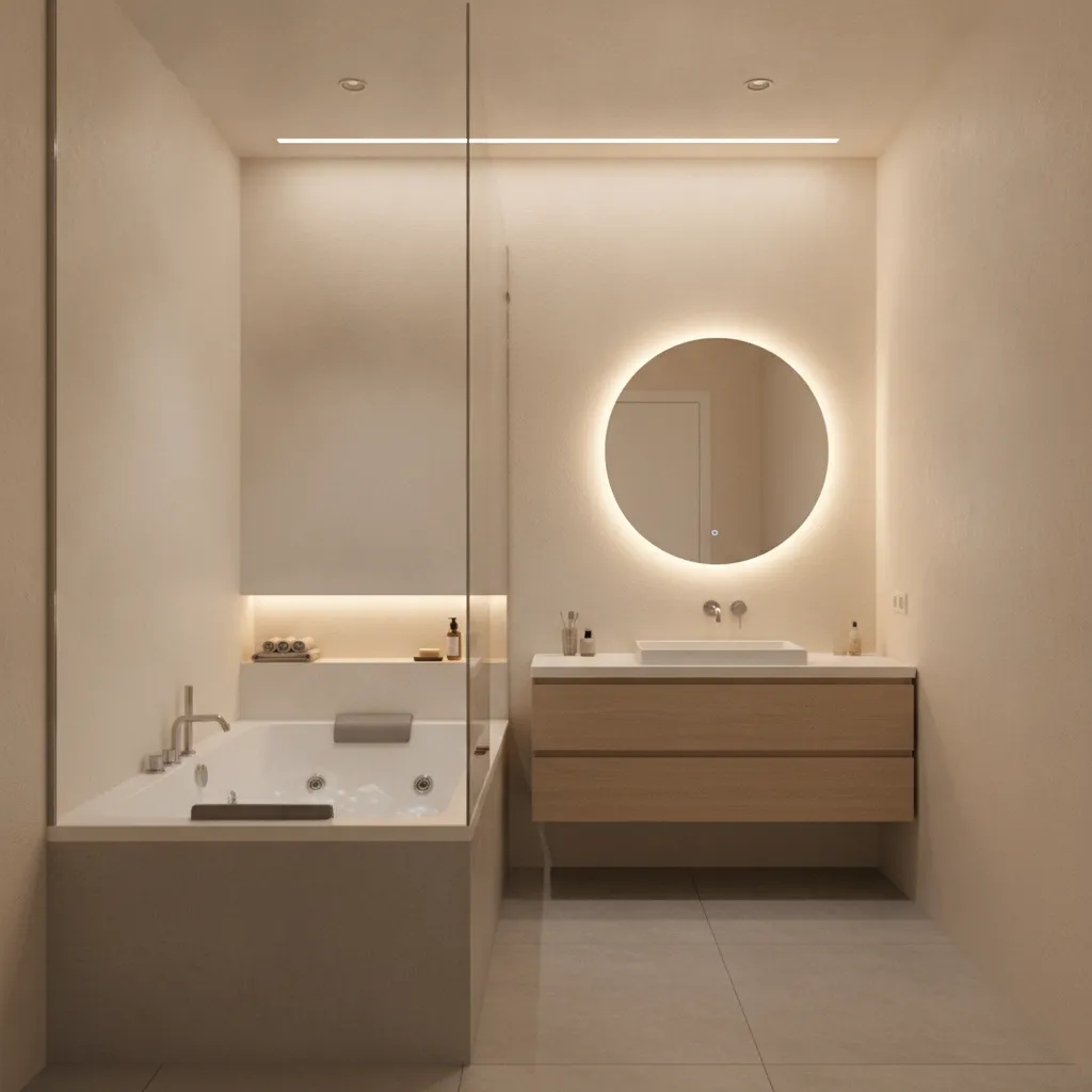 Frameless glass partition around jacuzzi tub in compact bathroom