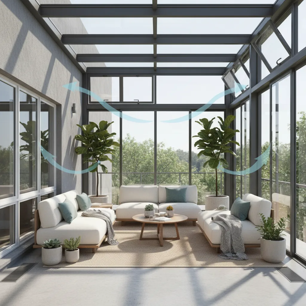 enclosed glass patio lounge with large windows and airflow pathway illustration concept