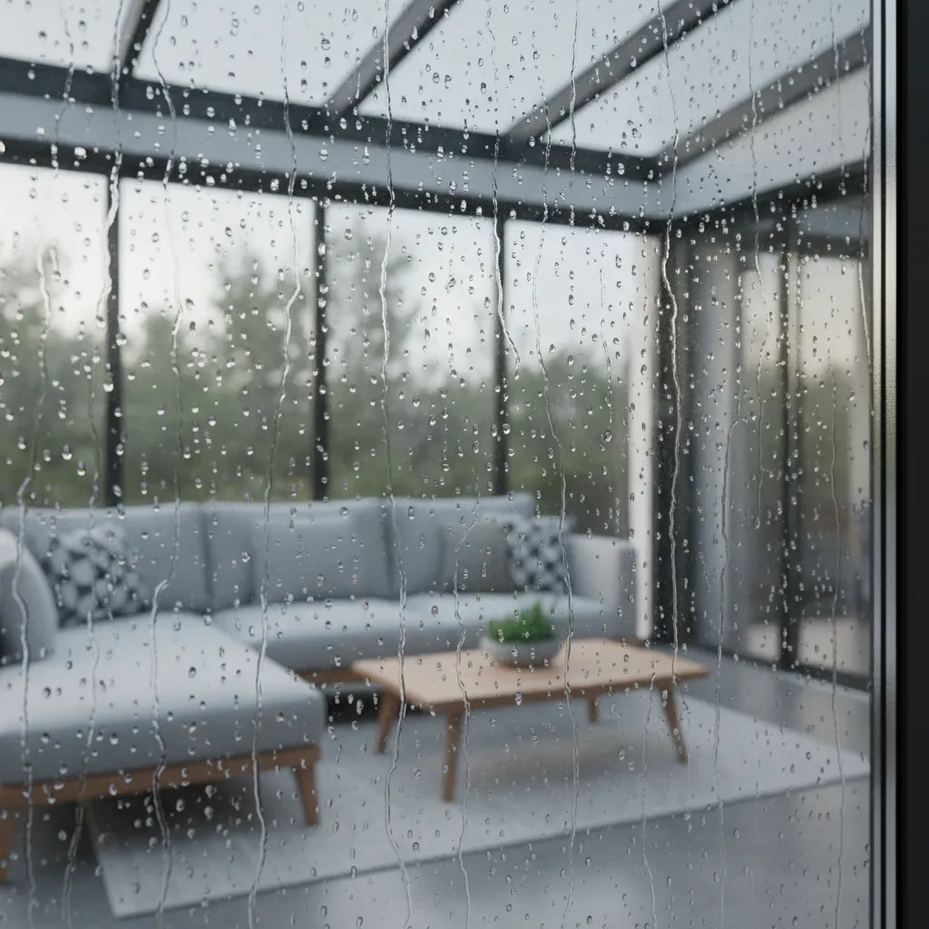 condensation forming on glass panels inside enclosed patio