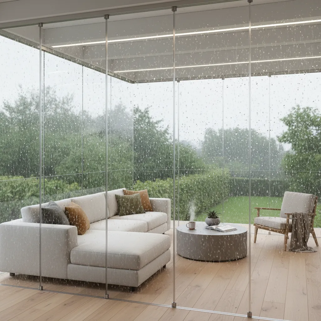 Glass patio enclosure protecting an elevated patio from wind and rain